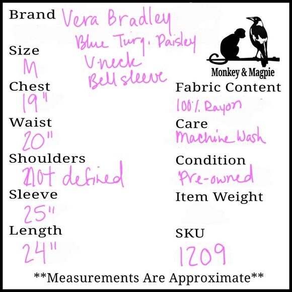 Vera Bradley Womens Medium Paisley Floral Print Blue Bell 3/4 Sleeve Top V Neck - Picture 7 of 7